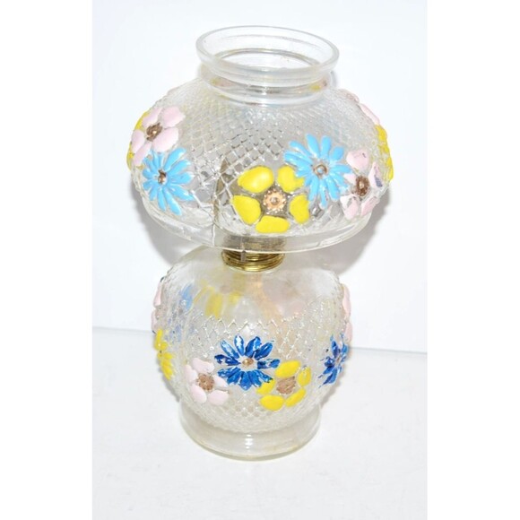 Vtg  Miniature oil Lamp Floral COSMOS Pattern flaws  clear glass - Picture 1 of 9